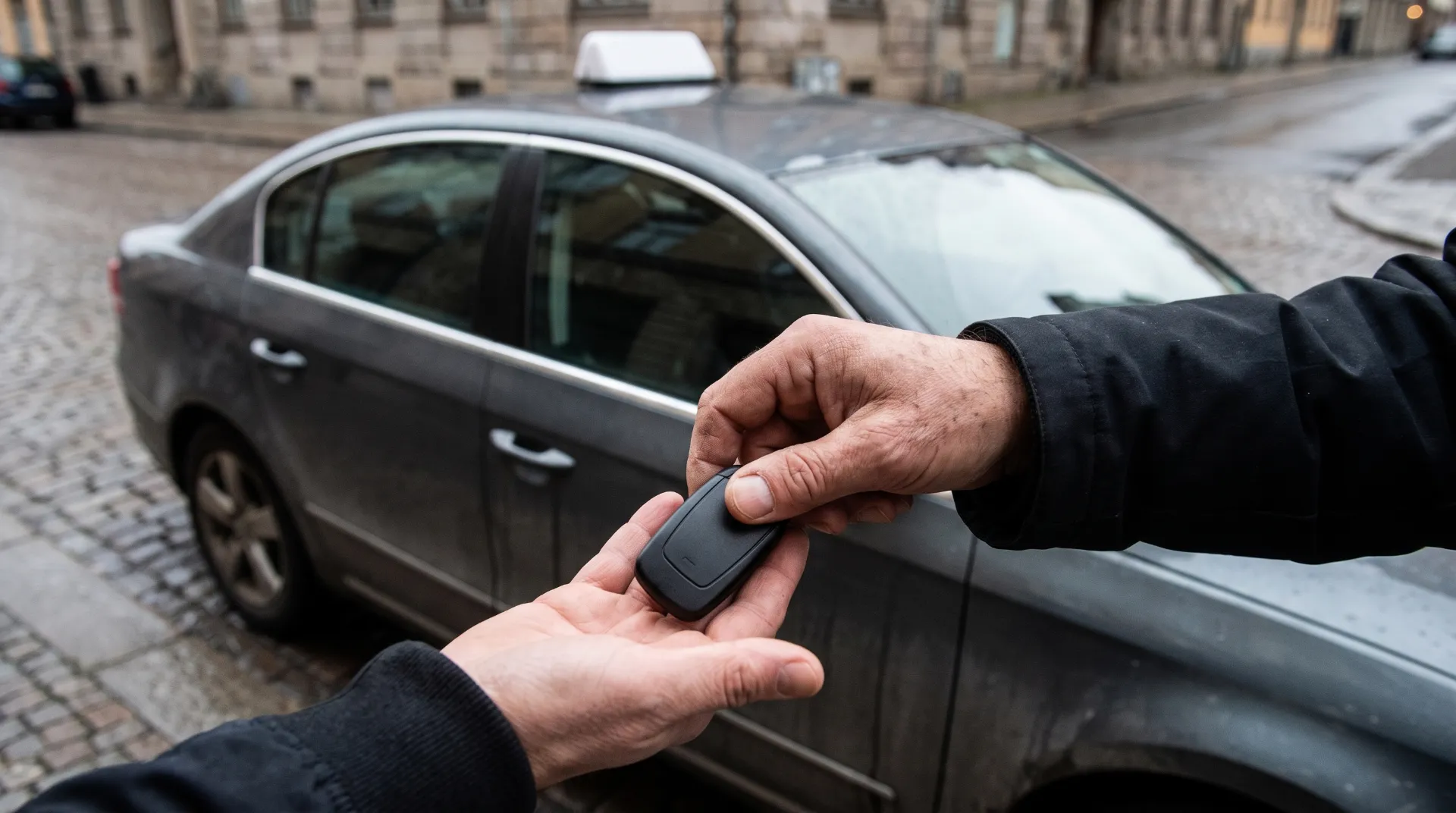 En hand lämnar över en bilnyckel framför en taxibil